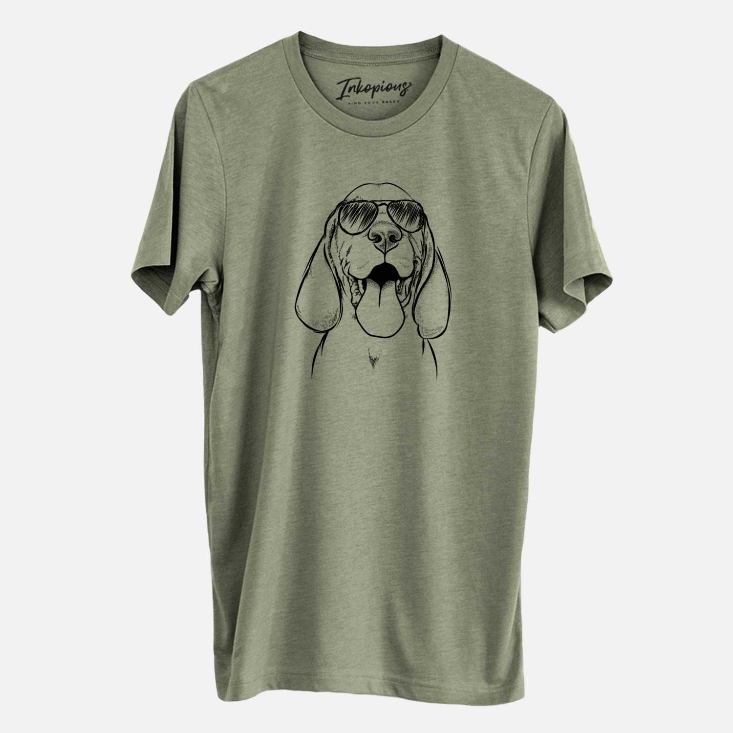 Hand-drawn sketch of Bodi the Vizsla wearing aviator sunglasses on an Olive Unisex crewneck