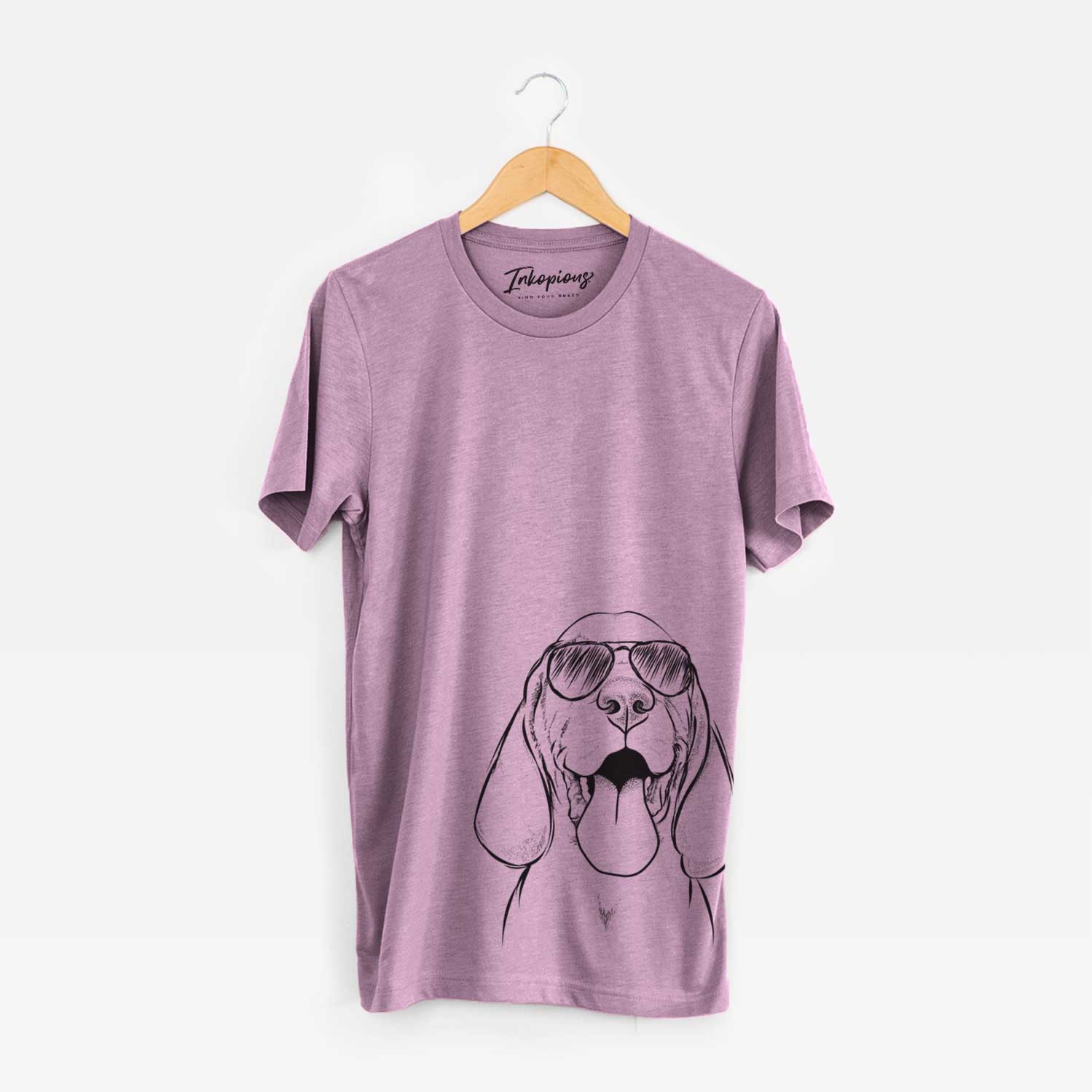 Hand-drawn sketch of Bodi the Vizsla wearing aviator sunglasses on an Orchid Unisex crewneck