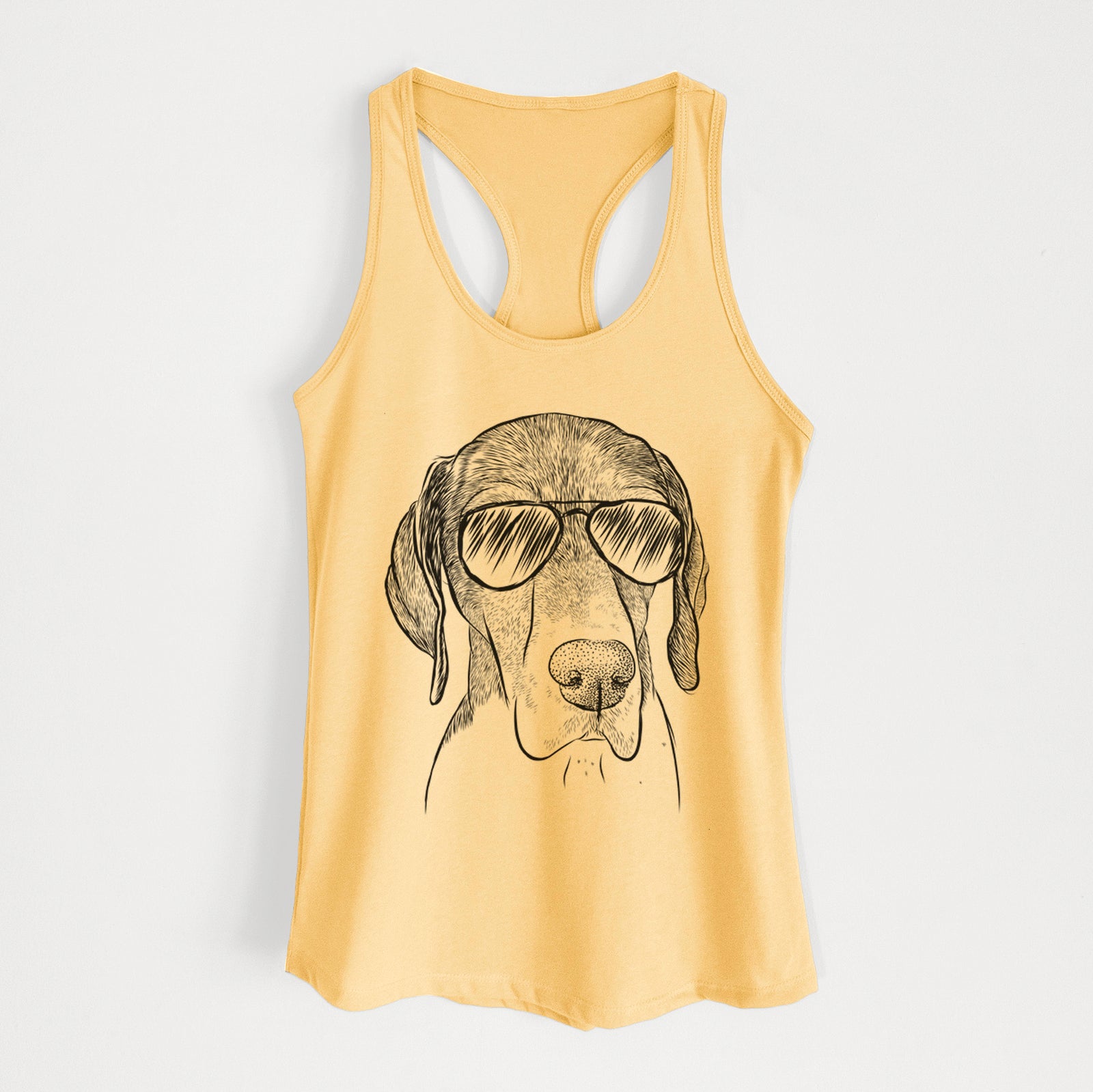 Hand-drawn sketch of Bohdi the German Shorthaired Pointer wearing aviator sunglasses on a Banana Cream Women's racerback tanktop