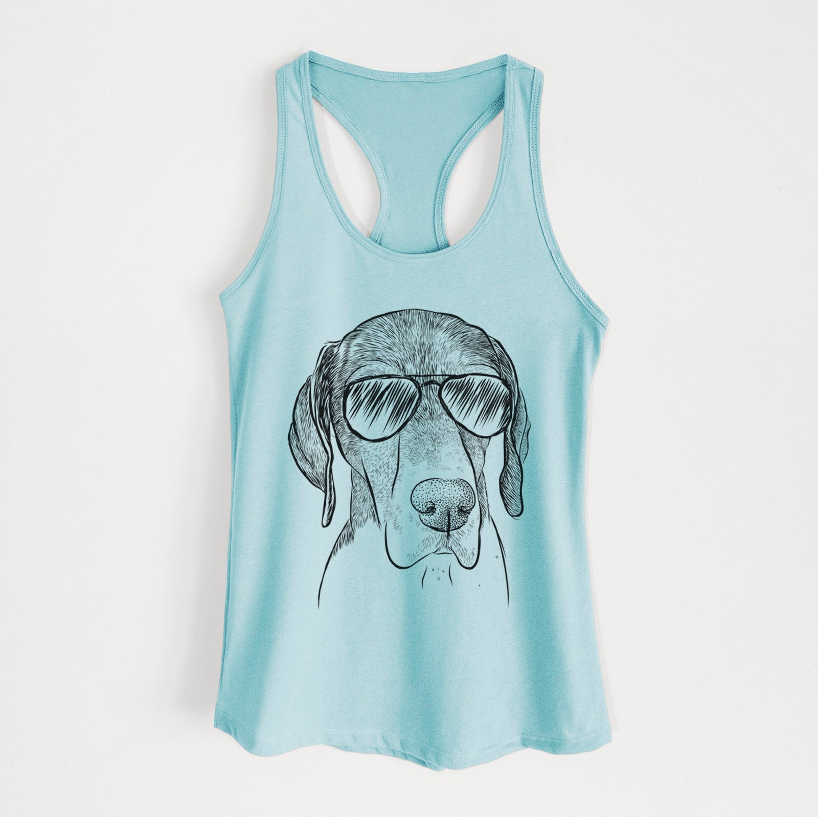 Hand-drawn sketch of Bohdi the German Shorthaired Pointer wearing aviator sunglasses on a Cancun Blue Women's racerback tanktop