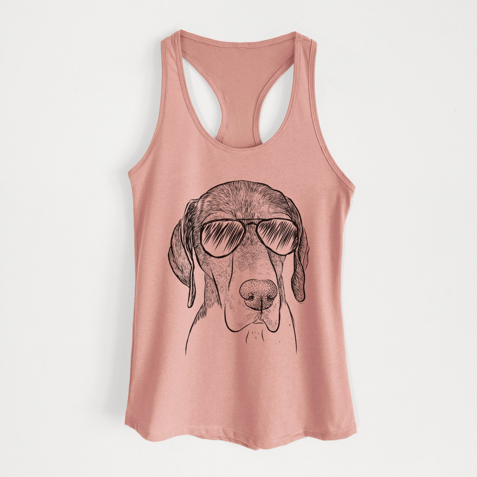 Hand-drawn sketch of Bohdi the German Shorthaired Pointer wearing aviator sunglasses on a Desert Pink Women's racerback tanktop