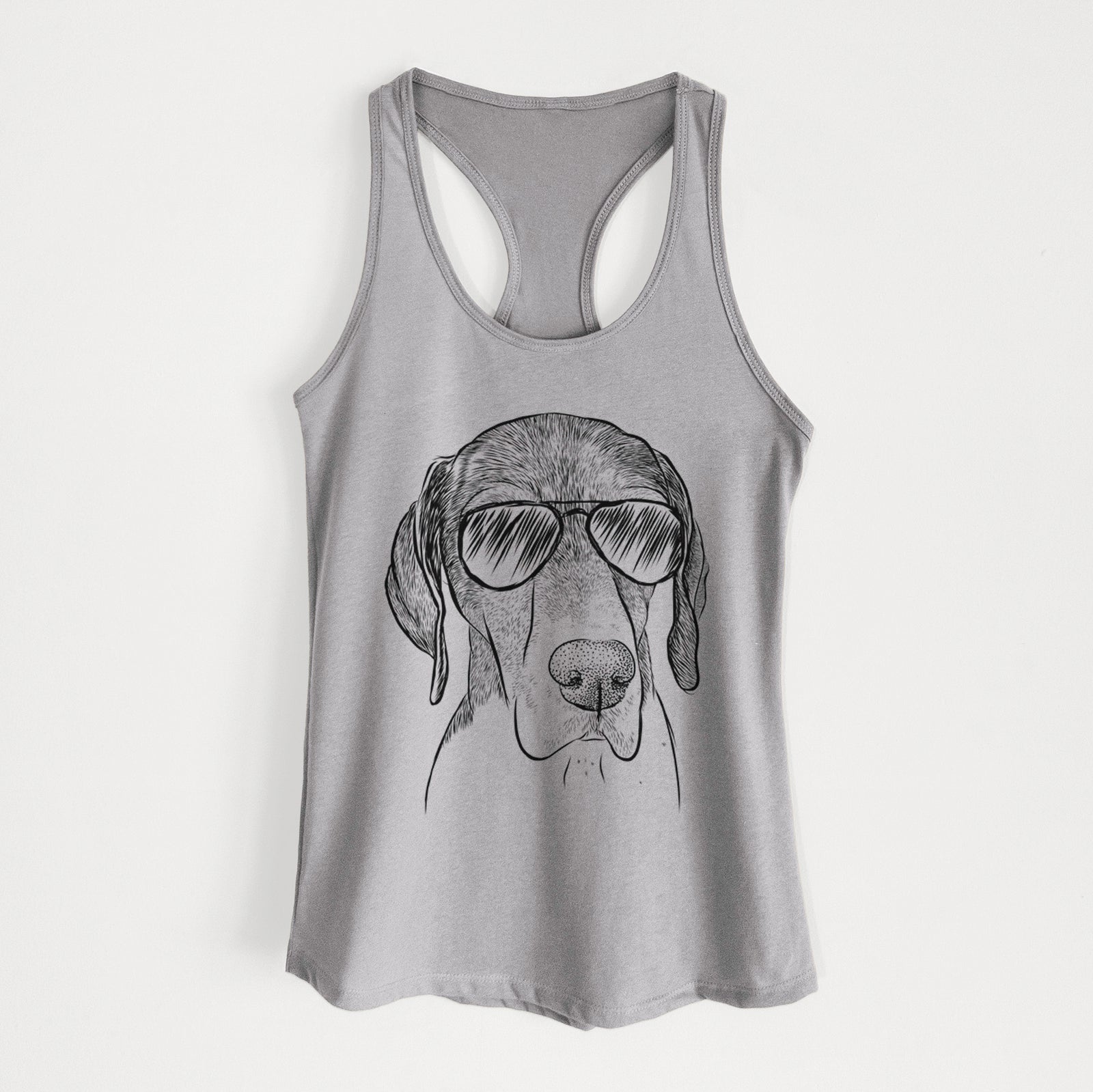 Hand-drawn sketch of Bohdi the German Shorthaired Pointer wearing aviator sunglasses on a Heather Grey Women's racerback tanktop