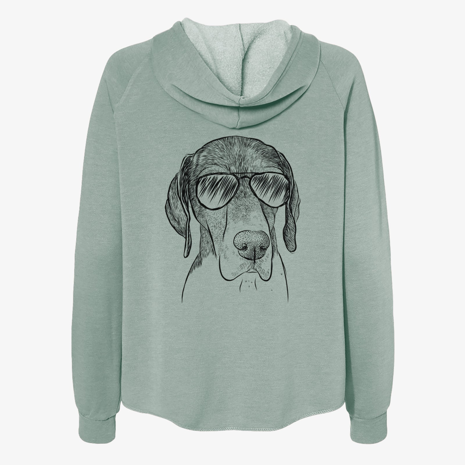 Hand-drawn sketch of Bohdi the German Shorthaired Pointer wearing aviator sunglasses on a Sage Women's cali wave zip-up sweatshirt