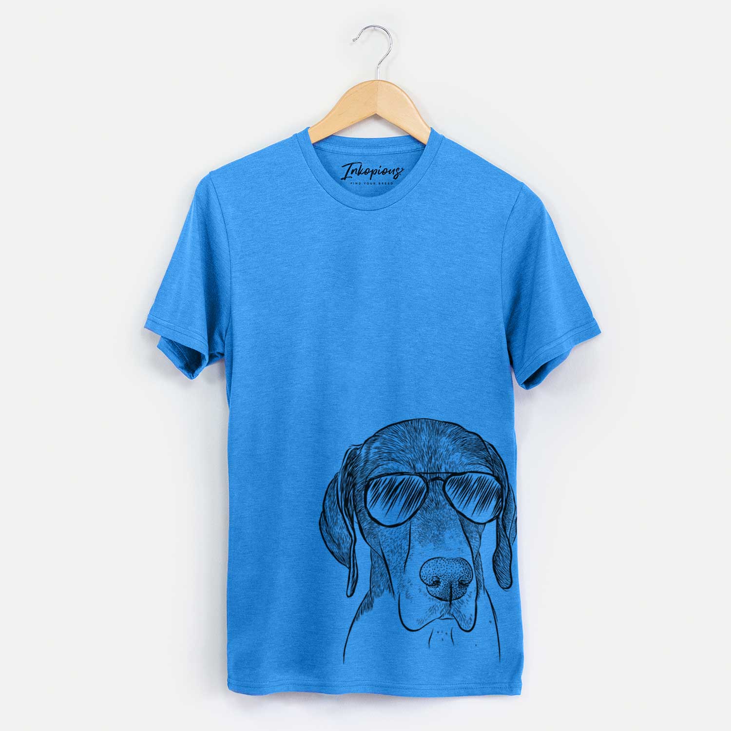 Hand-drawn sketch of Bohdi the German Shorthaired Pointer wearing aviator sunglasses on a Blue Unisex crewneck