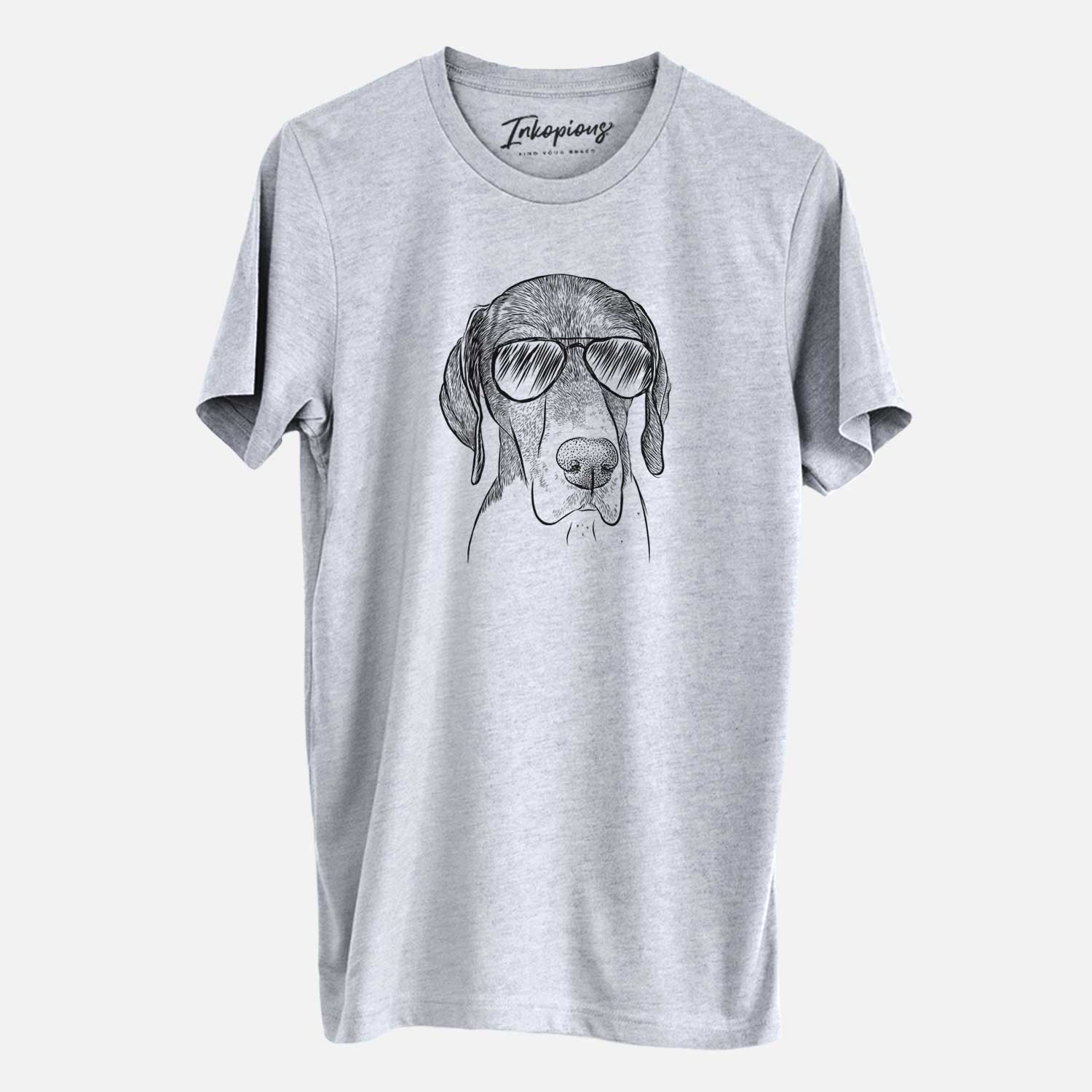 Hand-drawn sketch of Bohdi the German Shorthaired Pointer wearing aviator sunglasses on a Grey Unisex crewneck