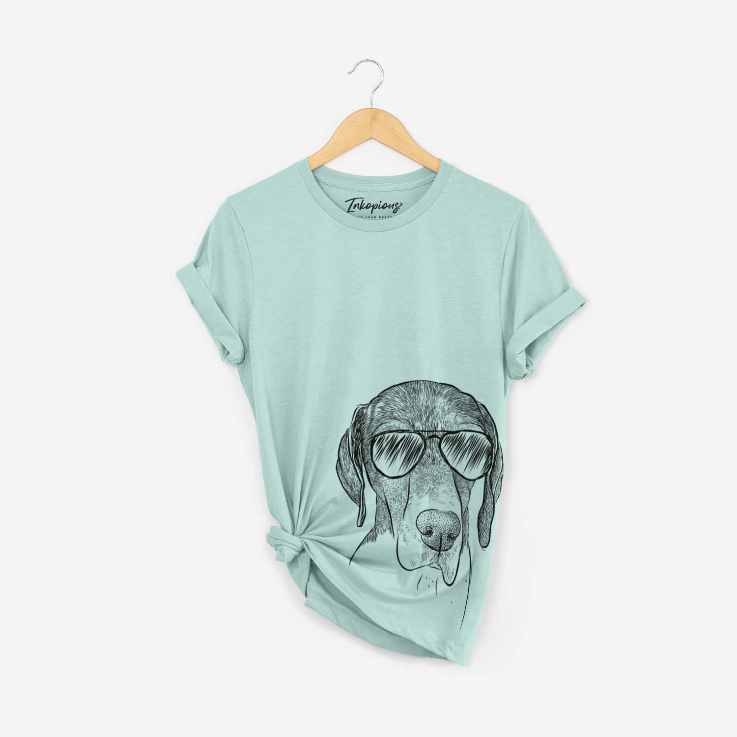 Hand-drawn sketch of Bohdi the German Shorthaired Pointer wearing aviator sunglasses on a Heather Sage Bella Canvas Unisex Crewneck