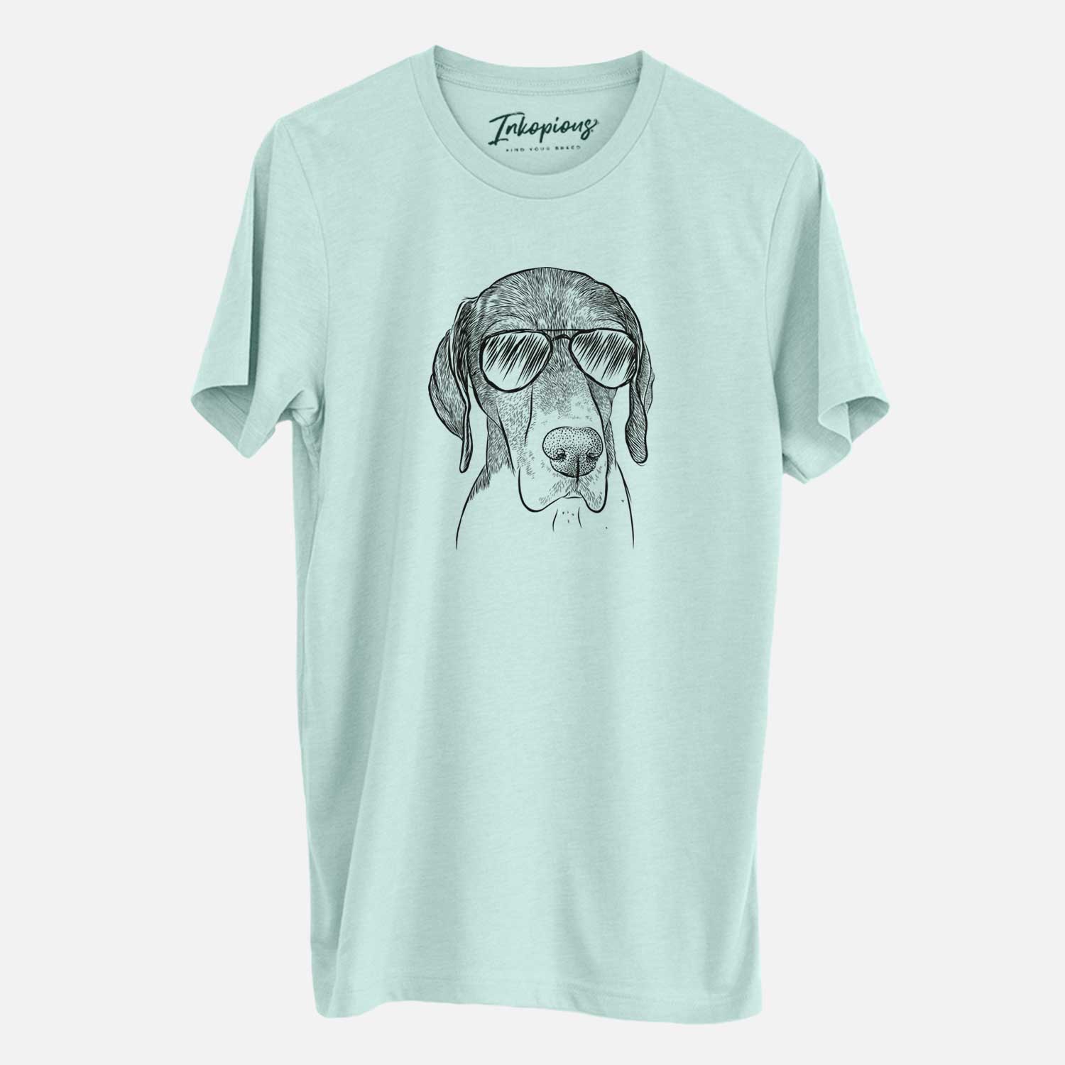Hand-drawn sketch of Bohdi the German Shorthaired Pointer wearing aviator sunglasses on a Heather Sage Unisex crewneck