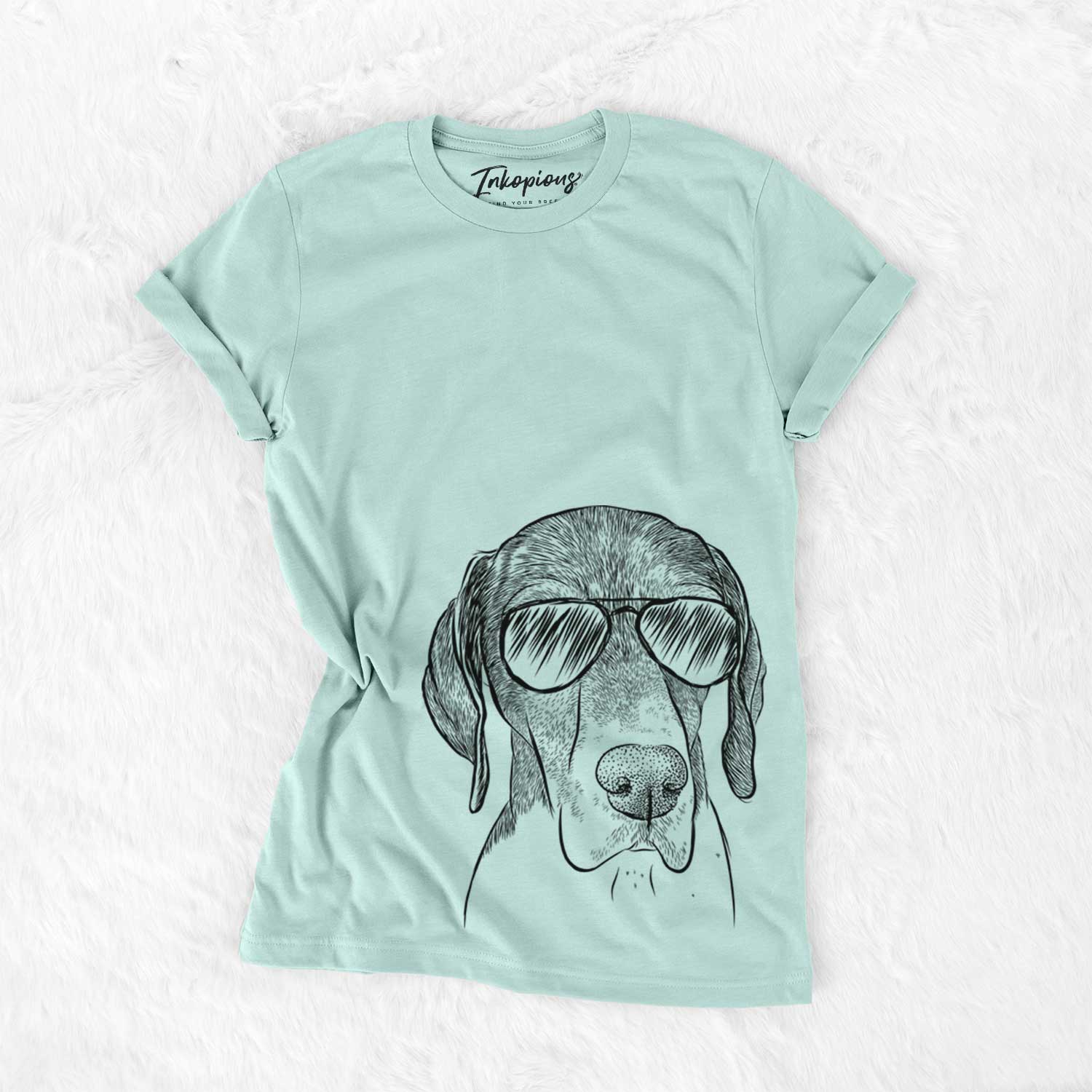 Hand-drawn sketch of Bohdi the German Shorthaired Pointer wearing aviator sunglasses on a Heather Sage Unisex crewneck