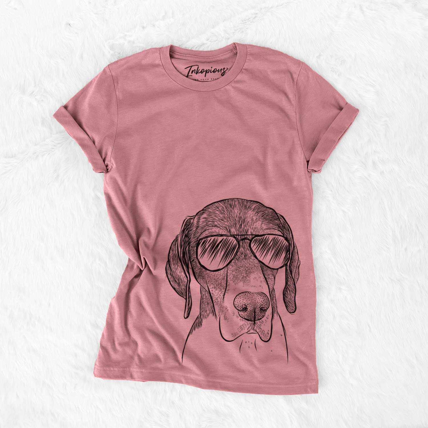 Hand-drawn sketch of Bohdi the German Shorthaired Pointer wearing aviator sunglasses on a Mauve Unisex crewneck