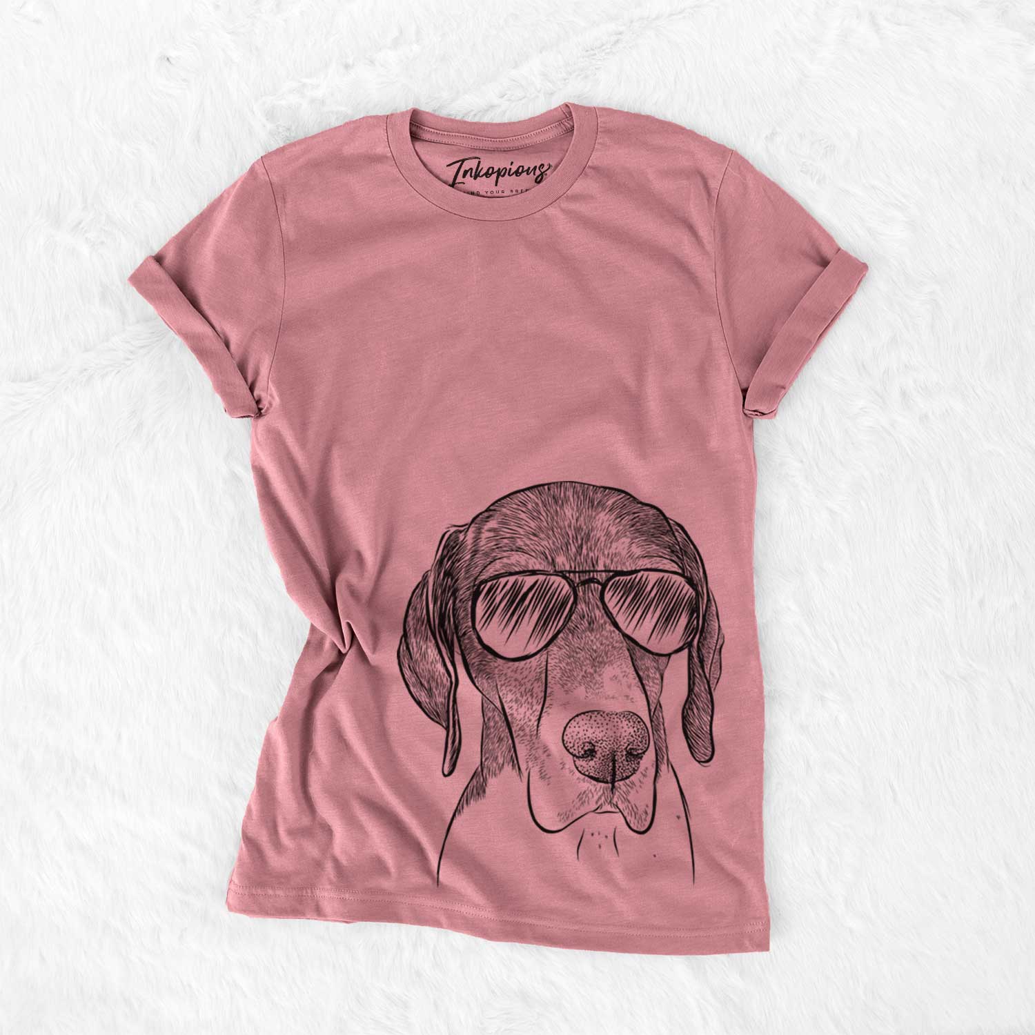 Hand-drawn sketch of Bohdi the German Shorthaired Pointer wearing aviator sunglasses on a Mauve Bella Canvas Unisex Crewneck