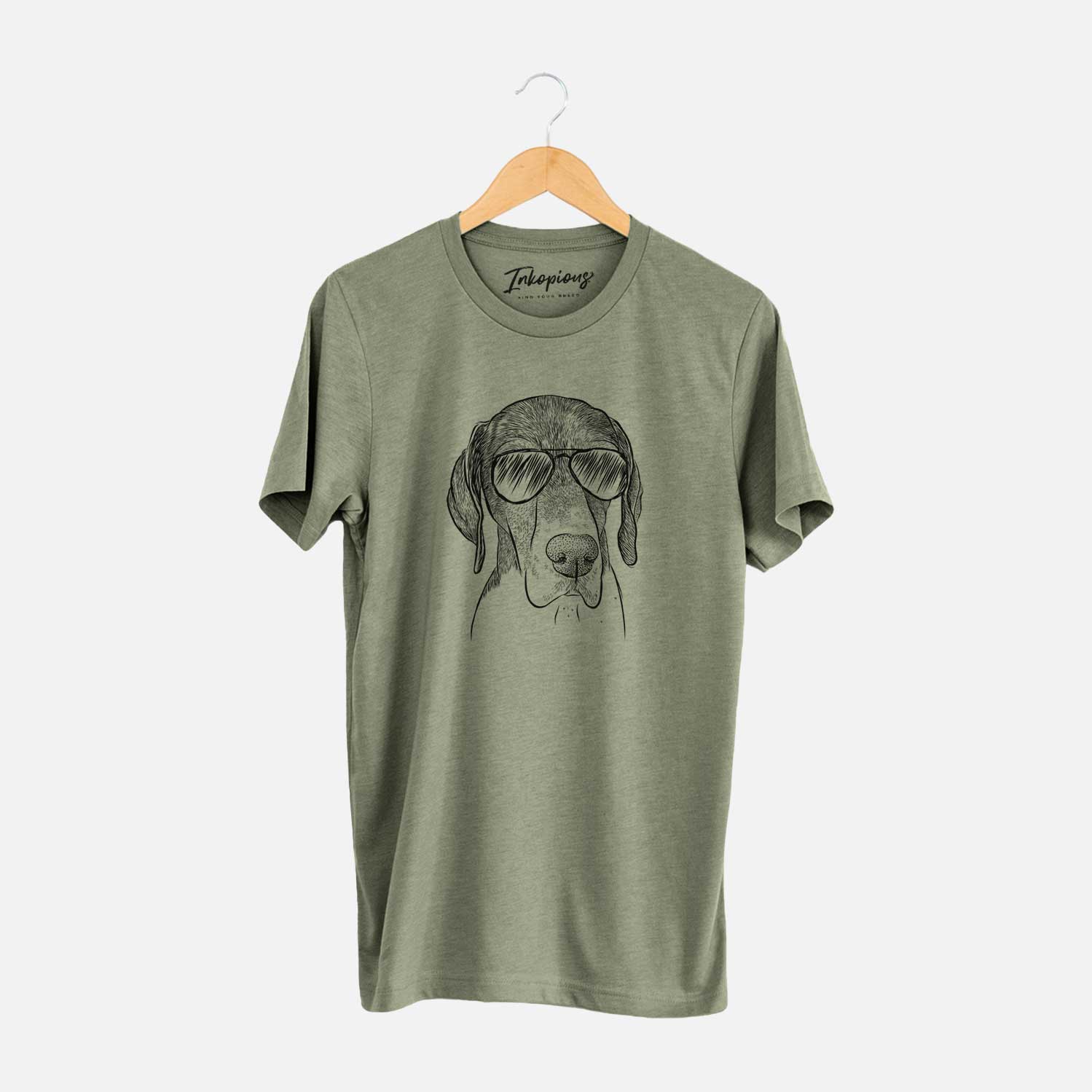 Hand-drawn sketch of Bohdi the German Shorthaired Pointer wearing aviator sunglasses on an Olive Unisex crewneck