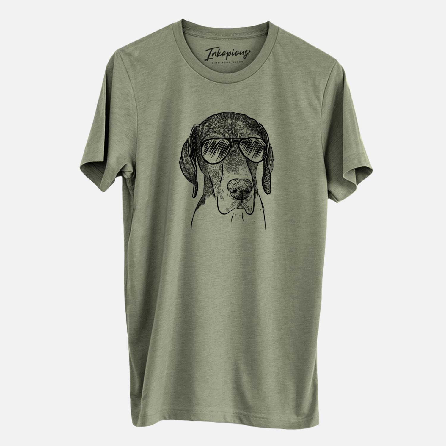 Hand-drawn sketch of Bohdi the German Shorthaired Pointer wearing aviator sunglasses on an Olive Unisex crewneck
