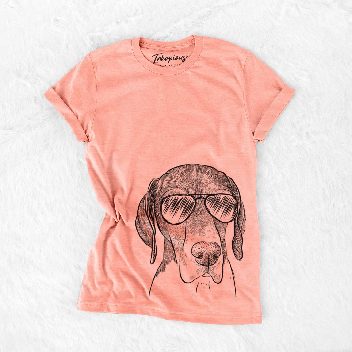Hand-drawn sketch of Bohdi the German Shorthaired Pointer wearing aviator sunglasses on a Sunset Bella Canvas Unisex Crewneck
