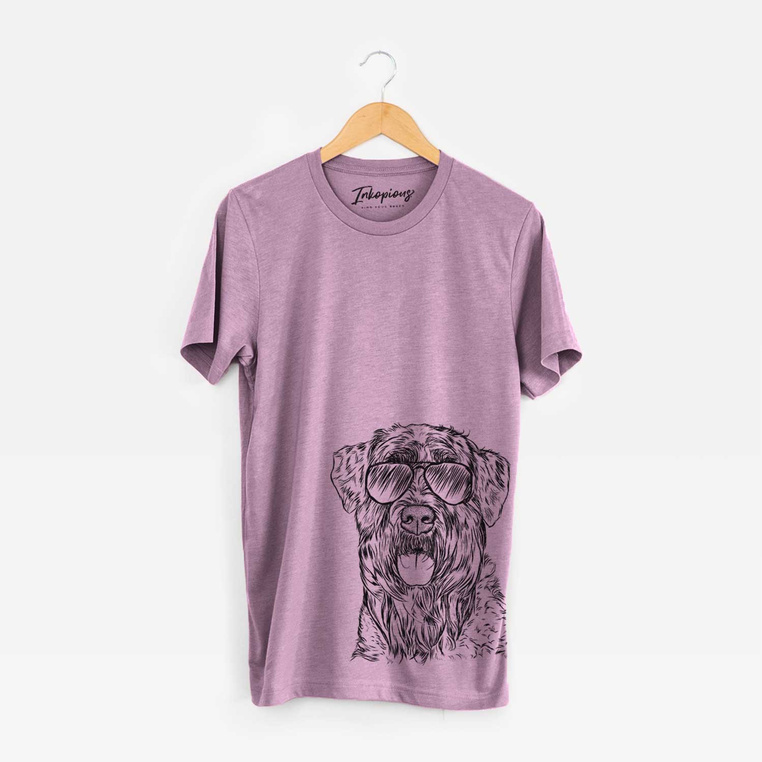 Hand-drawn sketch of Bonnie the Bouvier Des Flandres wearing aviator sunglasses on an Orchid Bella Canvas Unisex Crewneck