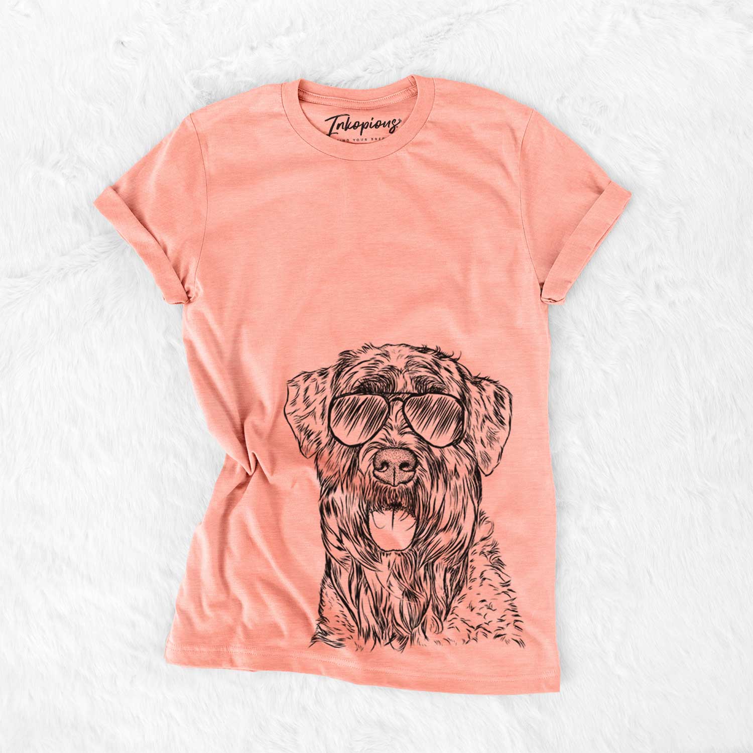Hand-drawn sketch of Bonnie the Bouvier Des Flandres wearing aviator sunglasses on a Sunset Bella Canvas Unisex Crewneck