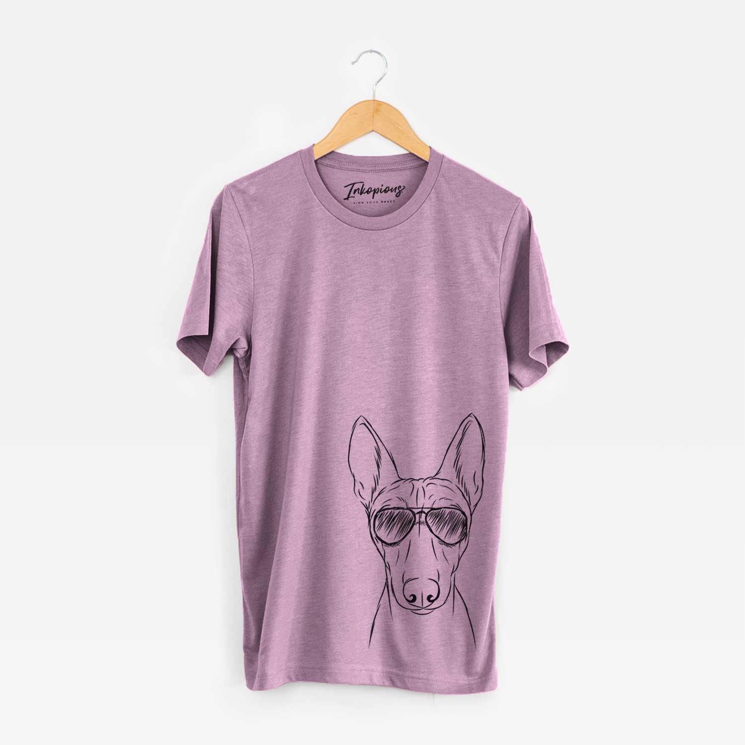 Hand-drawn sketch of Bonsai the Basenji wearing aviator sunglasses on an Orchid Bella Canvas Unisex Crewneck