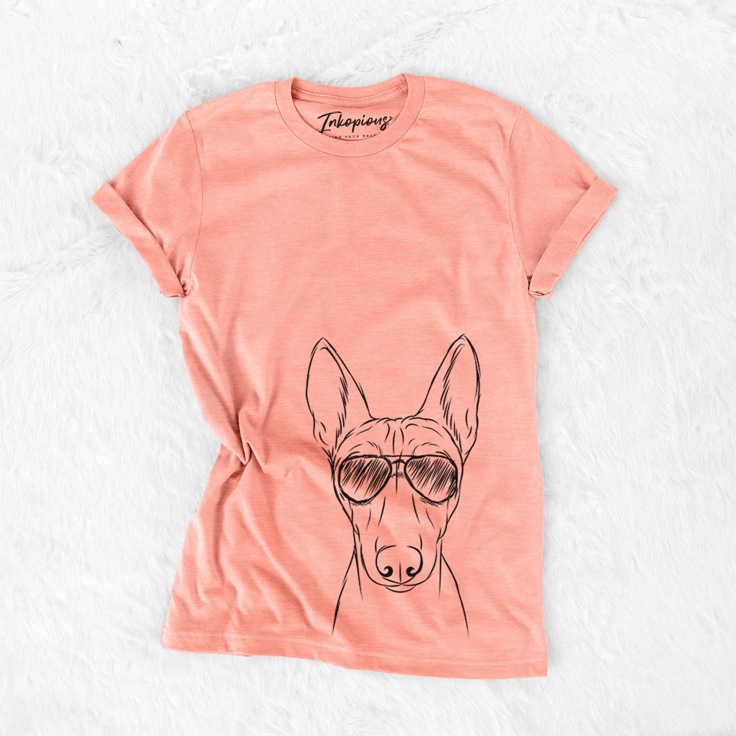Hand-drawn sketch of Bonsai the Basenji wearing aviator sunglasses on a Sunset Bella Canvas Unisex Crewneck