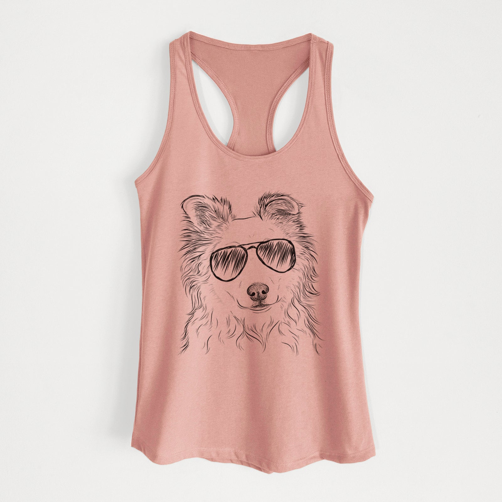 Hand-drawn sketch of Bonsai the Mixed Breed wearing aviator sunglasses on a Desert Pink Women's racerback tanktop