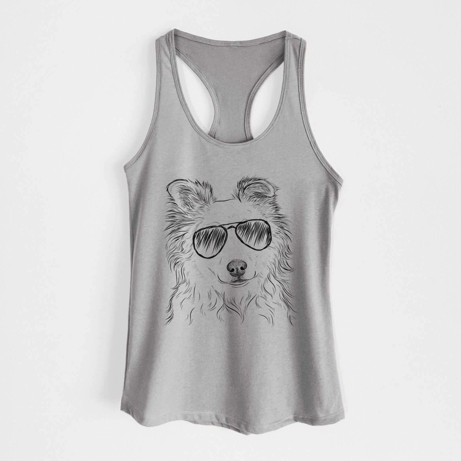 Hand-drawn sketch of Bonsai the Mixed Breed wearing aviator sunglasses on a Heather Grey Women's racerback tanktop