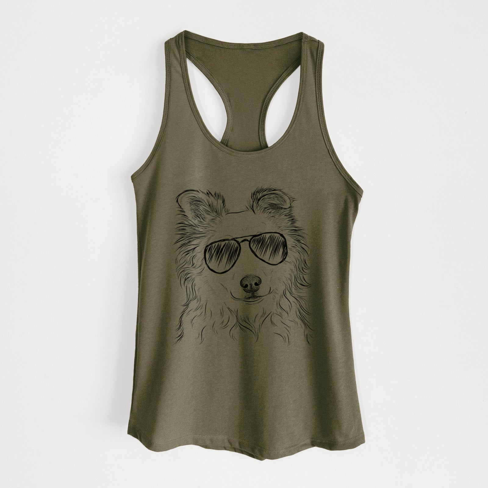Hand-drawn sketch of Bonsai the Mixed Breed wearing aviator sunglasses on a Military Green Women's racerback tanktop