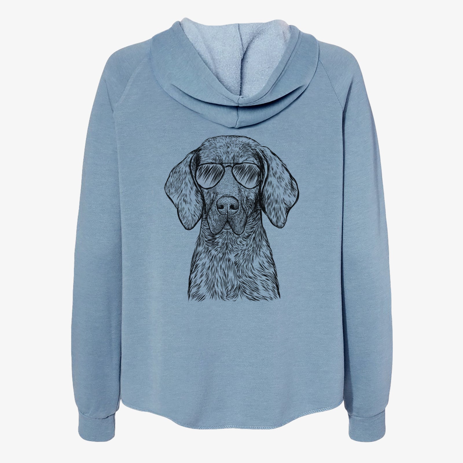 Hand-drawn sketch of Boone the Plott Hound wearing aviator sunglasses on a Misty Blue Women's cali wave zip-up sweatshirt