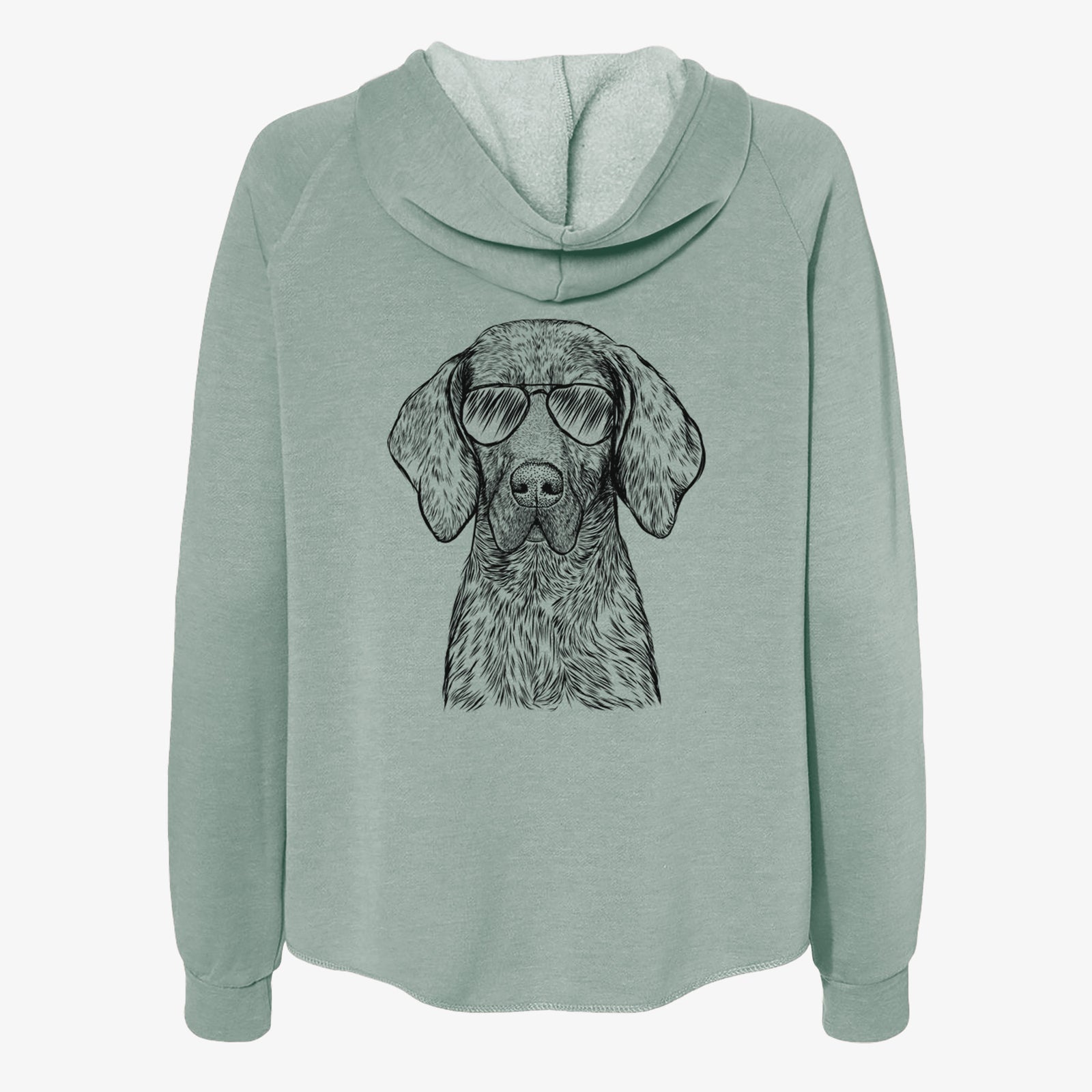 Hand-drawn sketch of Boone the Plott Hound wearing aviator sunglasses on a Sage Women's cali wave zip-up sweatshirt