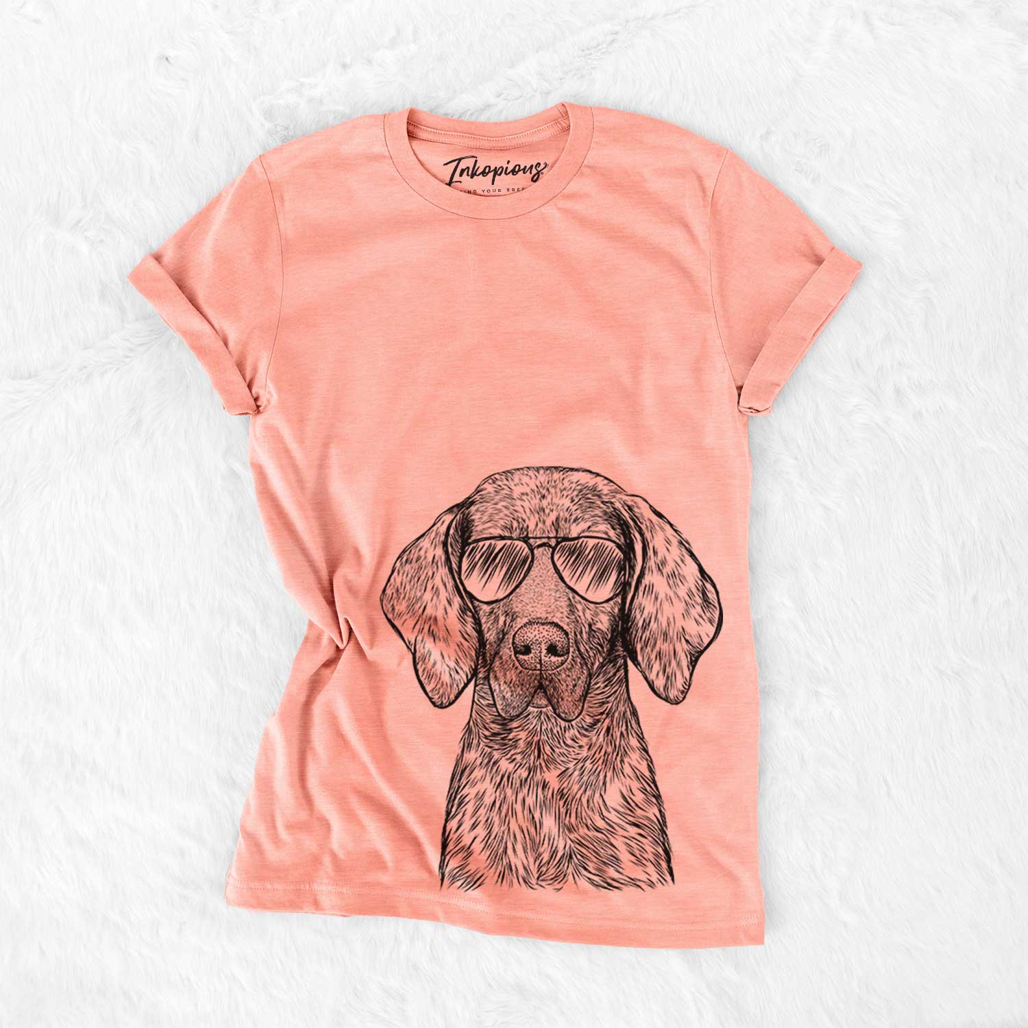 Hand-drawn sketch of Boone the Plott Hound wearing aviator sunglasses on a Sunset Bella Canvas Unisex Crewneck