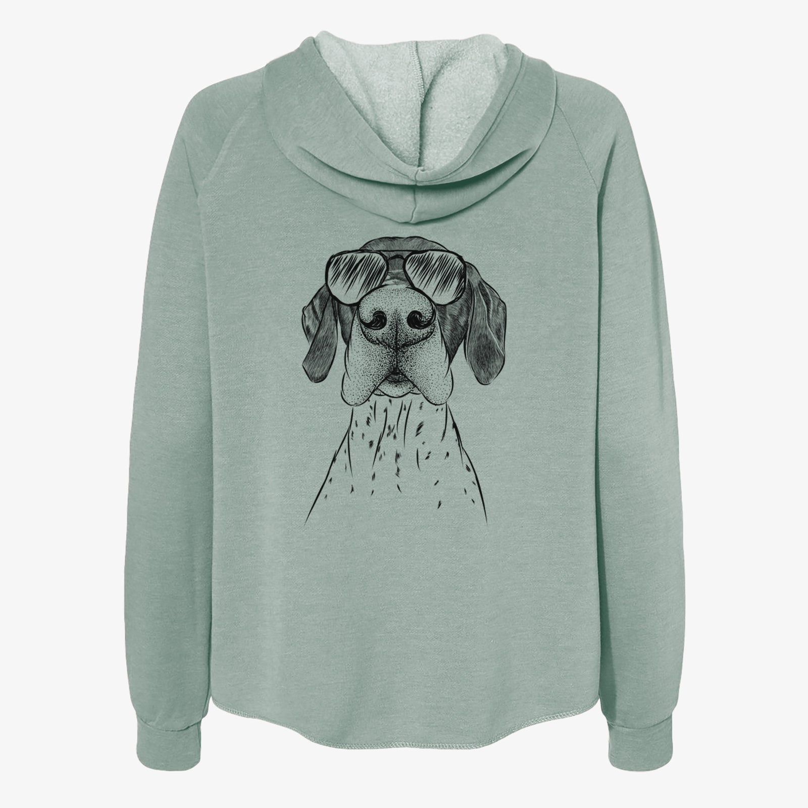 Hand-drawn sketch of Booze the German Shorthaired Pointer wearing aviator sunglasses on a Sage Women's cali wave zip-up sweatshirt