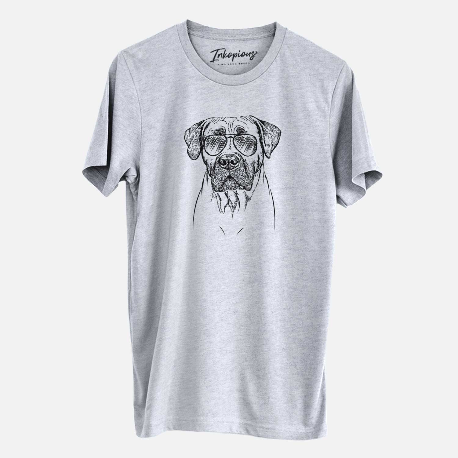 Hand-drawn sketch of Boris the Boerboel wearing aviator sunglasses on a Grey Unisex crewneck