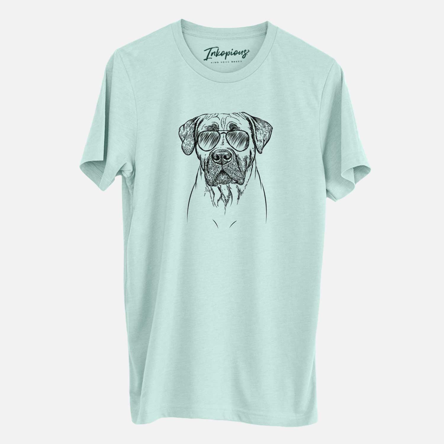 Hand-drawn sketch of Boris the Boerboel wearing aviator sunglasses on a Heather Sage Unisex crewneck