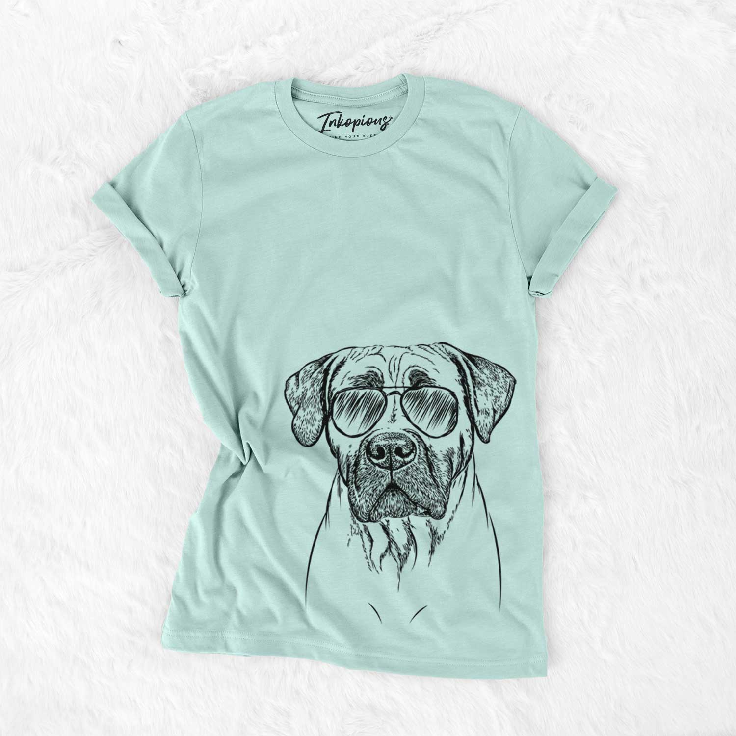 Hand-drawn sketch of Boris the Boerboel wearing aviator sunglasses on a Heather Sage Unisex crewneck