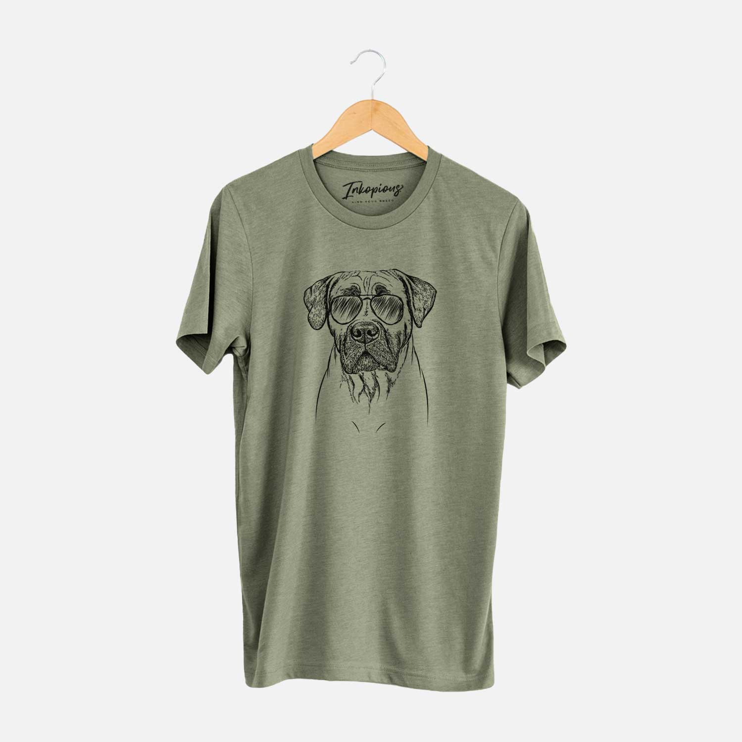 Hand-drawn sketch of Boris the Boerboel wearing aviator sunglasses on an Olive Unisex crewneck