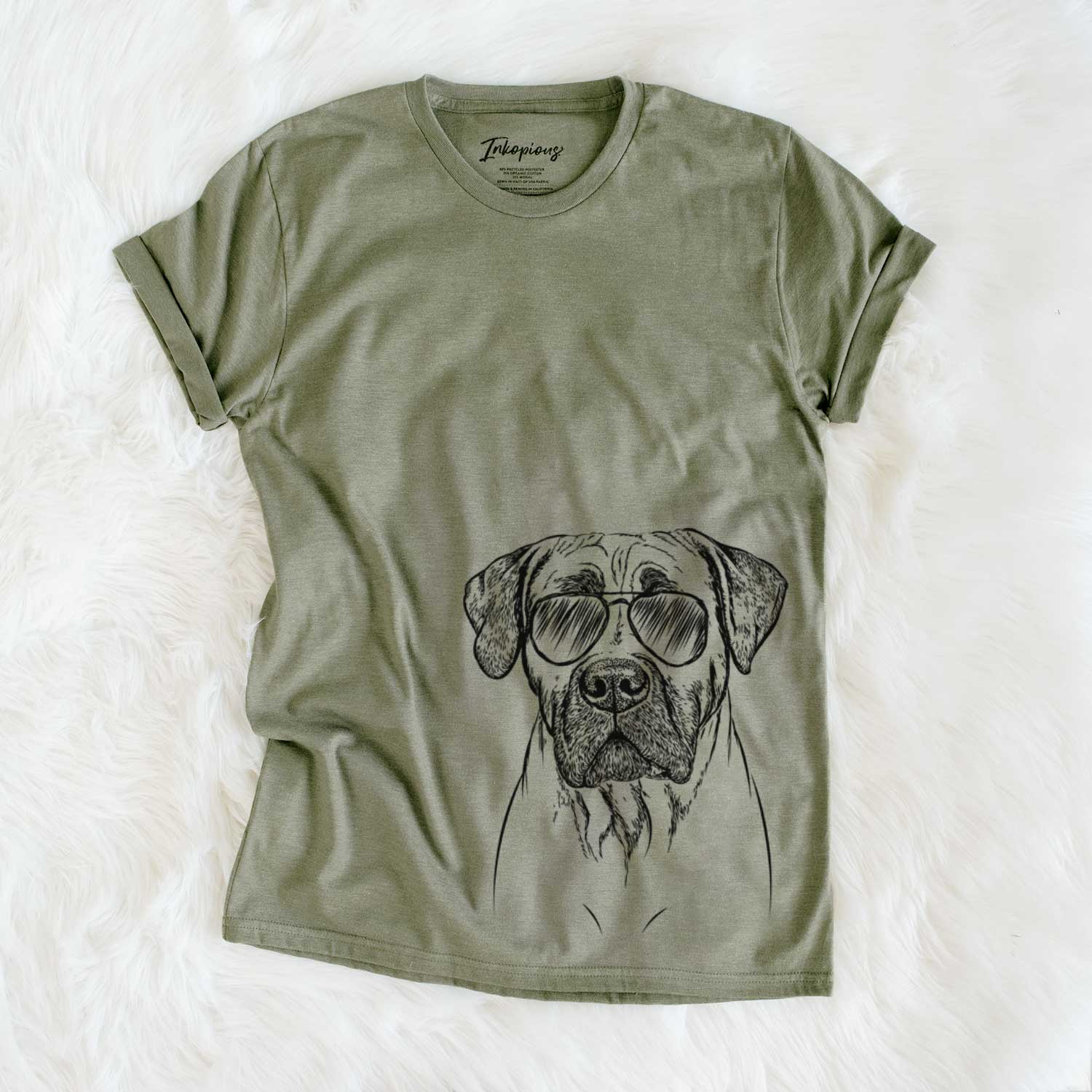 Hand-drawn sketch of Boris the Boerboel wearing aviator sunglasses on an Olive Unisex crewneck