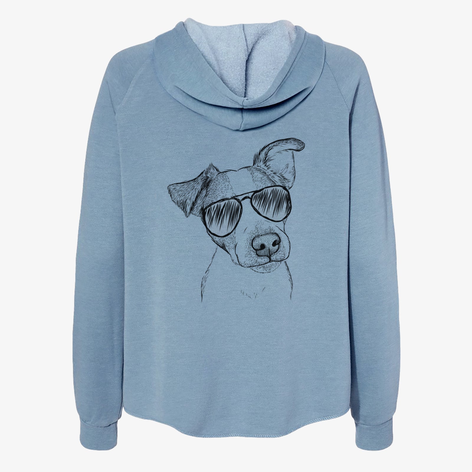 Hand-drawn sketch of Bosse the Jack Russell Terrier wearing aviator sunglasses on a Misty Blue Women's cali wave zip-up sweatshirt