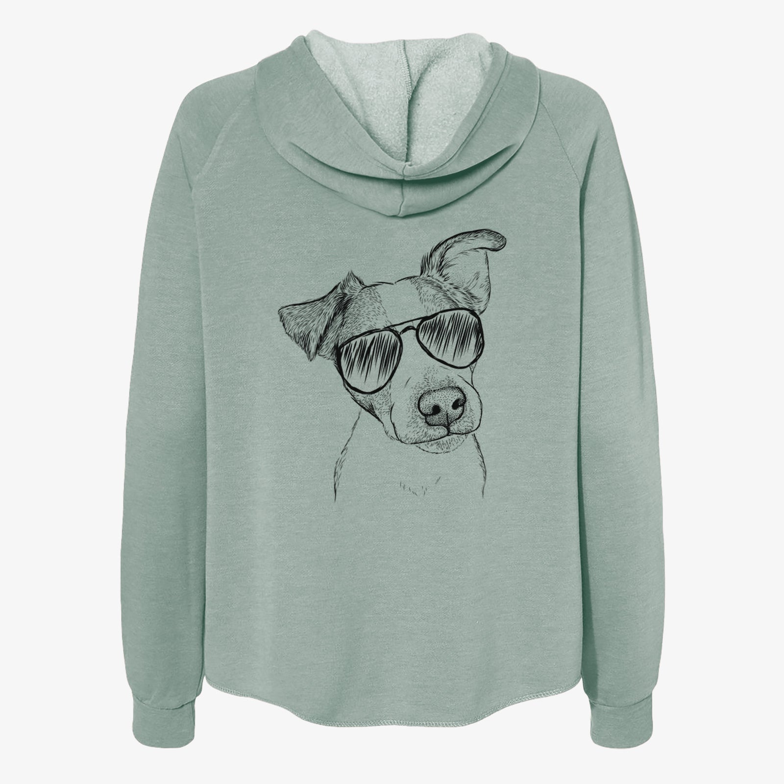 Hand-drawn sketch of Bosse the Jack Russell Terrier wearing aviator sunglasses on a Sage Women's cali wave zip-up sweatshirt