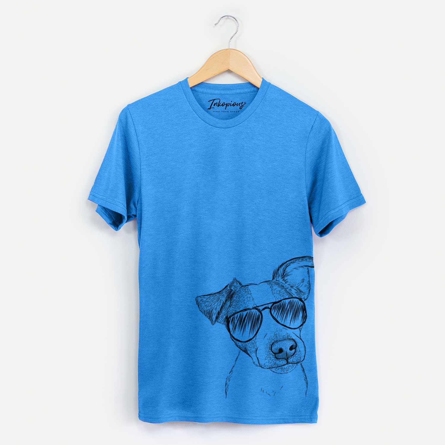 Hand-drawn sketch of Bosse the Jack Russell Terrier wearing aviator sunglasses on a Blue Unisex crewneck