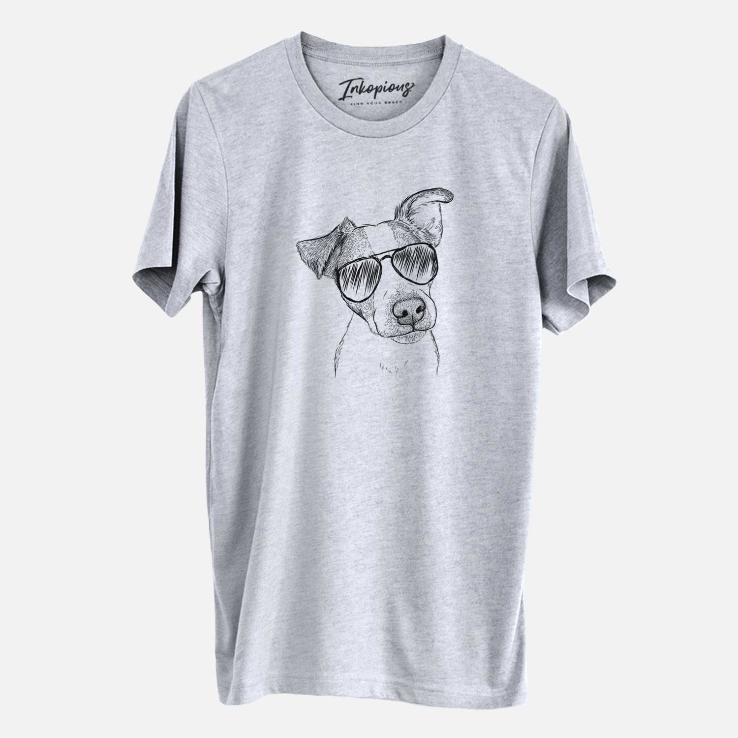 Hand-drawn sketch of Bosse the Jack Russell Terrier wearing aviator sunglasses on a Grey Unisex crewneck