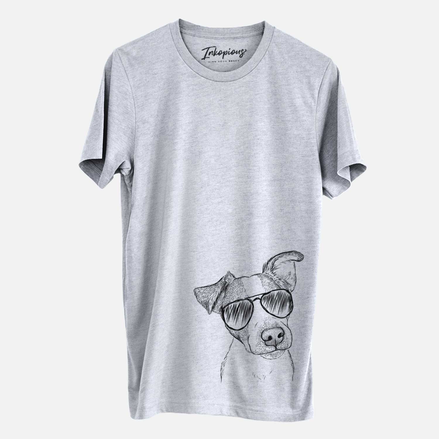 Hand-drawn sketch of Bosse the Jack Russell Terrier wearing aviator sunglasses on a Grey Unisex crewneck
