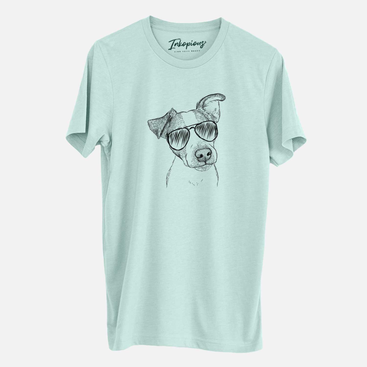 Hand-drawn sketch of Bosse the Jack Russell Terrier wearing aviator sunglasses on a Heather Sage Unisex crewneck