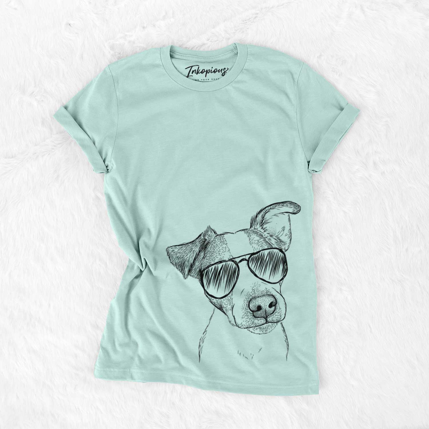 Hand-drawn sketch of Bosse the Jack Russell Terrier wearing aviator sunglasses on a Heather Sage Unisex crewneck