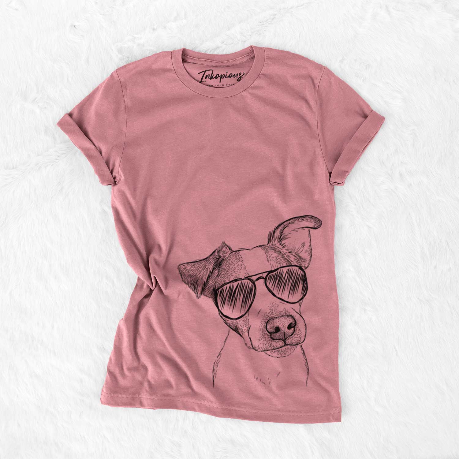 Hand-drawn sketch of Bosse the Jack Russell Terrier wearing aviator sunglasses on a Mauve Unisex crewneck
