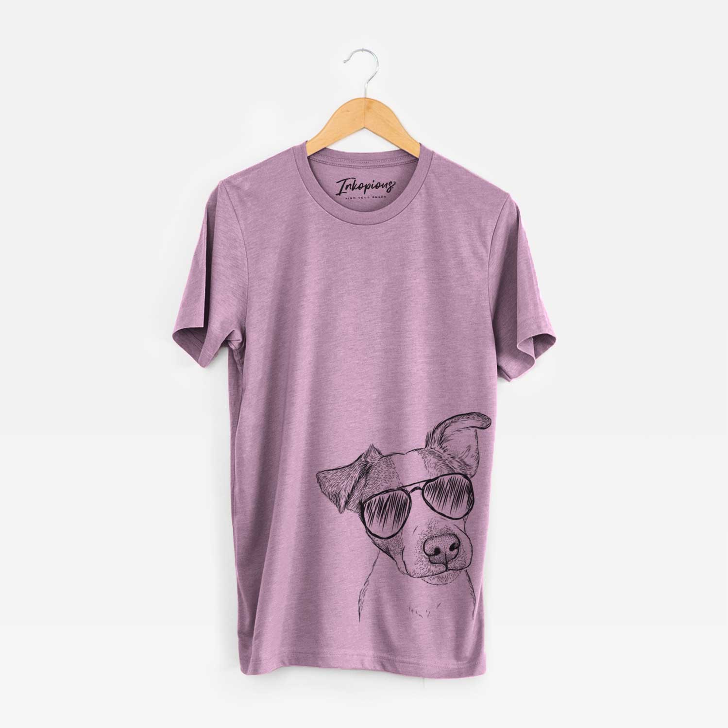 Hand-drawn sketch of Bosse the Jack Russell Terrier wearing aviator sunglasses on an Orchid Unisex crewneck