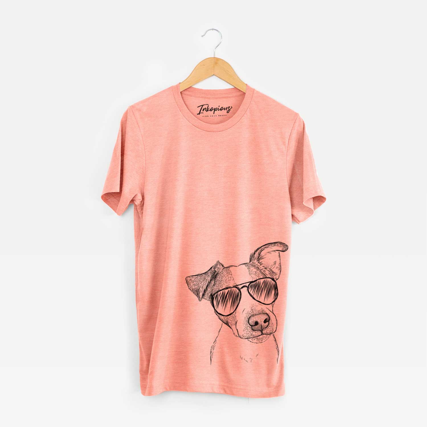 Hand-drawn sketch of Bosse the Jack Russell Terrier wearing aviator sunglasses on a Sunset Unisex crewneck