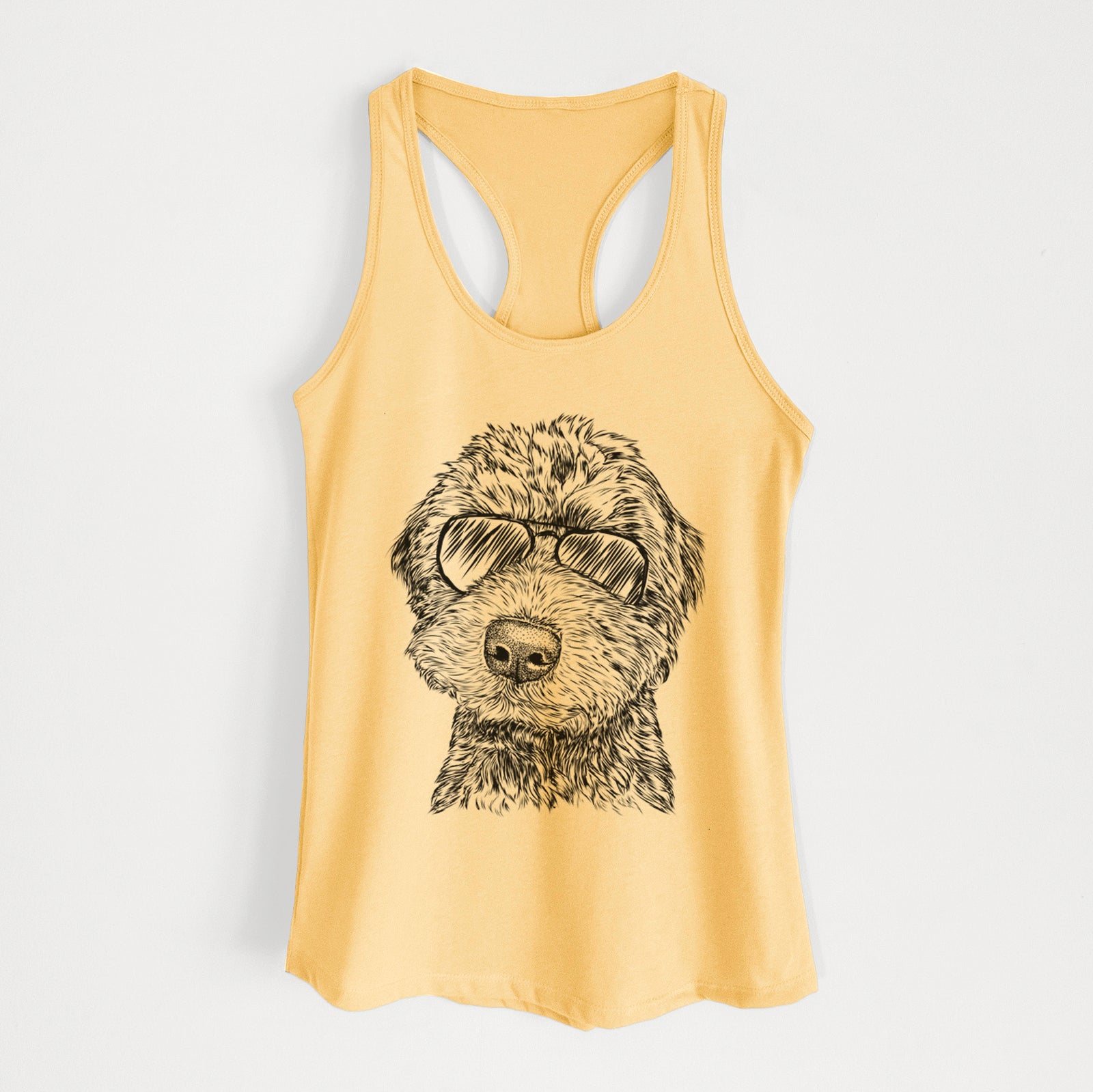 Hand-drawn sketch of Bowser the Whoodle wearing aviator sunglasses on a Banana Cream Women's racerback tanktop