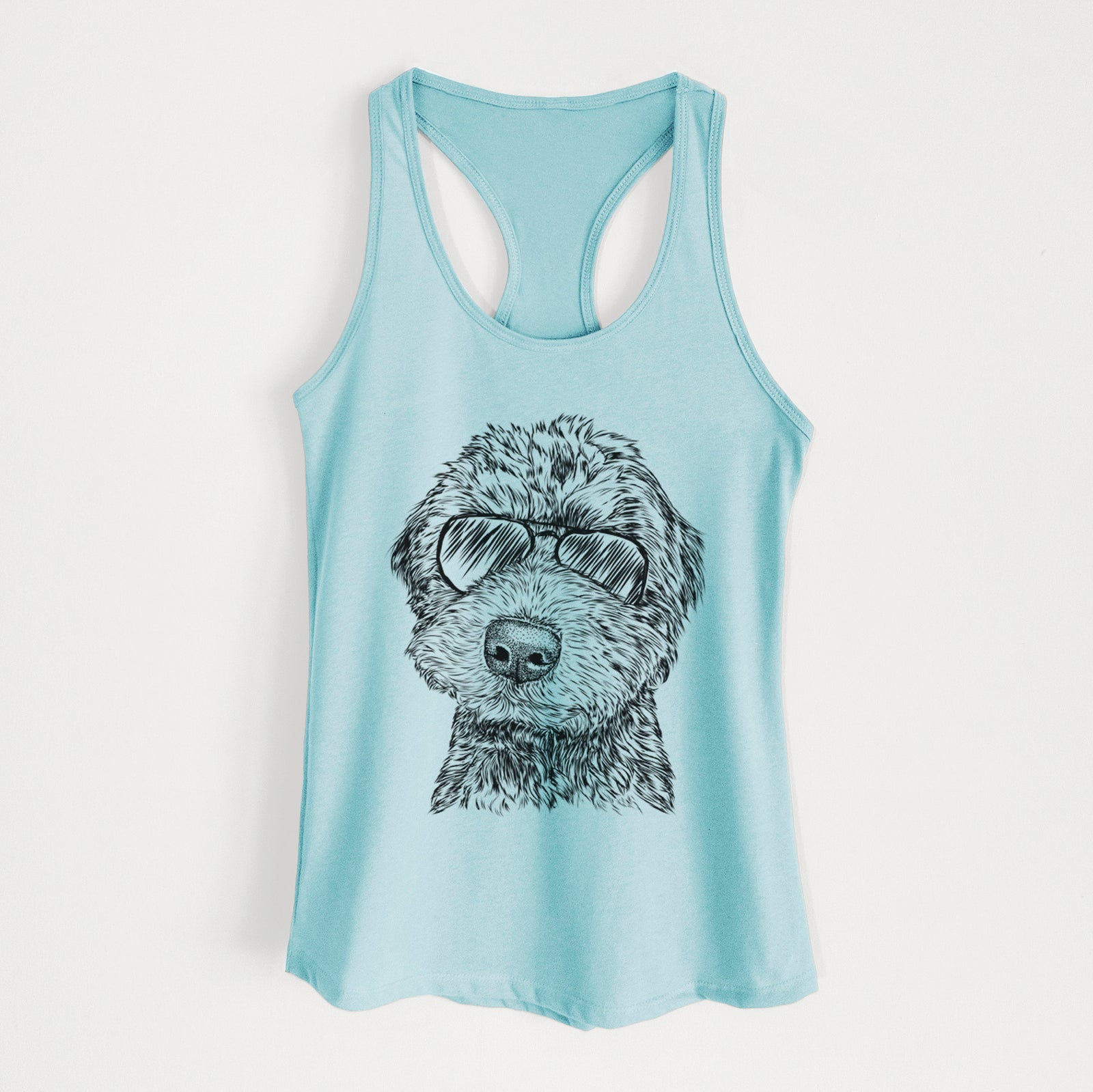 Hand-drawn sketch of Bowser the Whoodle wearing aviator sunglasses on a Cancun Blue Women's racerback tanktop