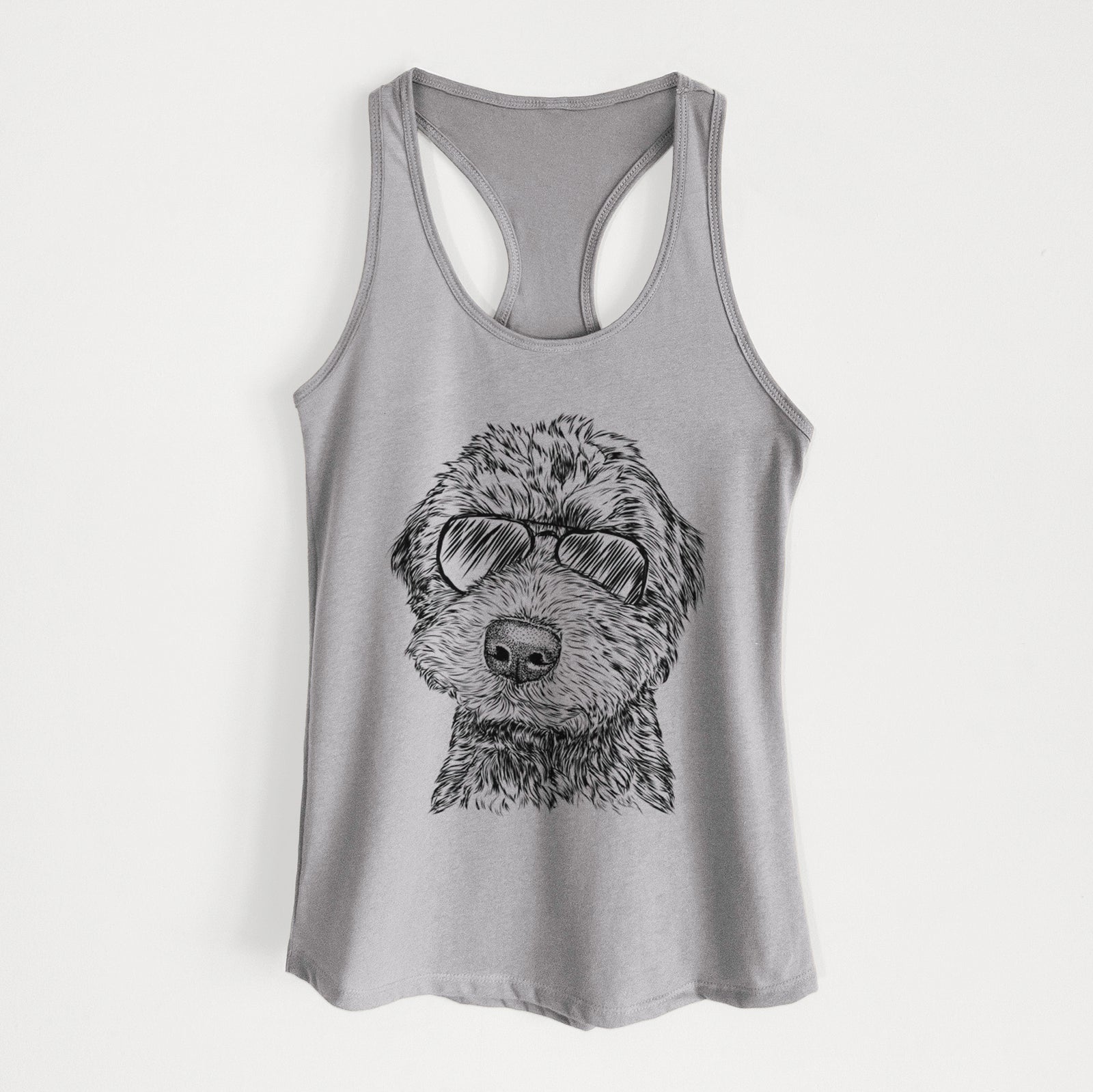 Hand-drawn sketch of Bowser the Whoodle wearing aviator sunglasses on a Heather Grey Women's racerback tanktop