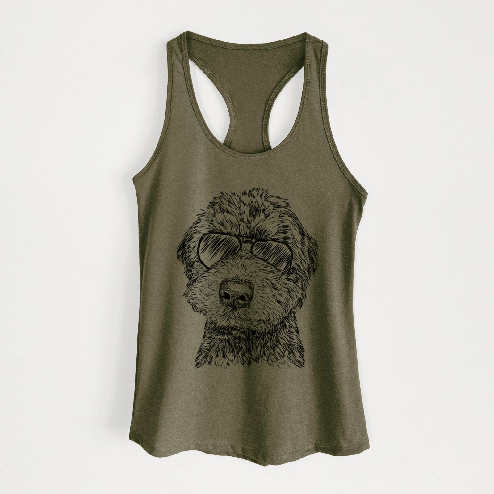Hand-drawn sketch of Bowser the Whoodle wearing aviator sunglasses on a Military Green Women's racerback tanktop