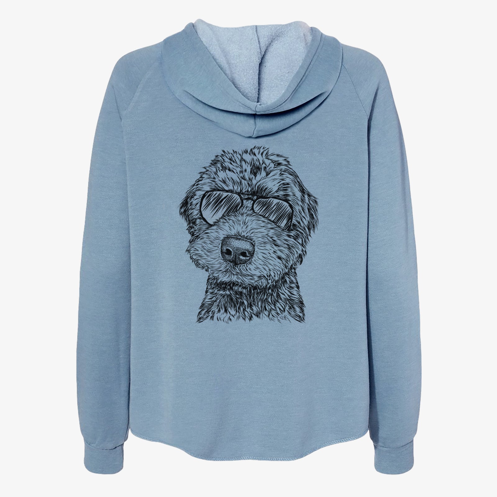 Hand-drawn sketch of Bowser the Whoodle wearing aviator sunglasses on a Misty Blue Women's cali wave zip-up sweatshirt