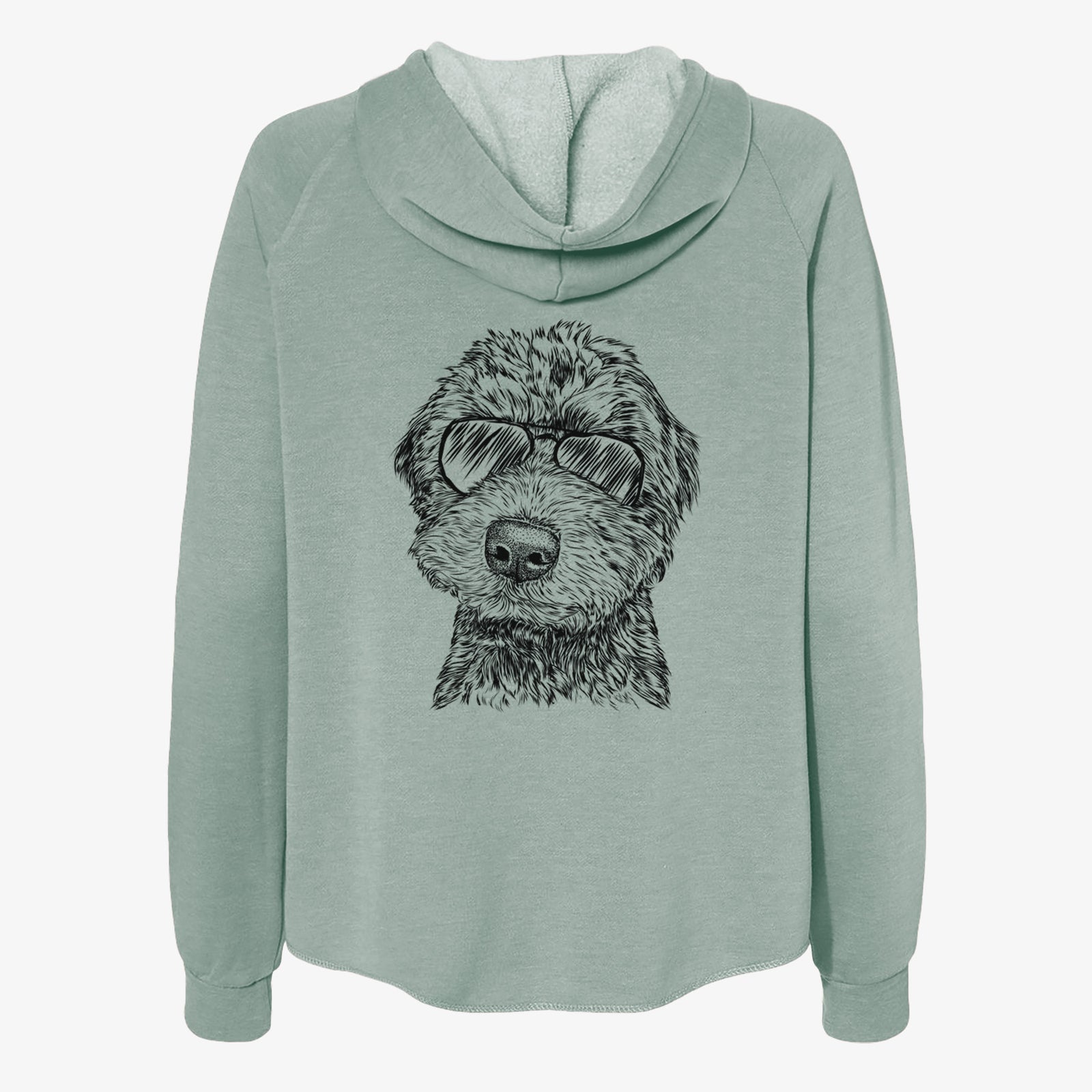 Hand-drawn sketch of Bowser the Whoodle wearing aviator sunglasses on a Sage Women's cali wave zip-up sweatshirt