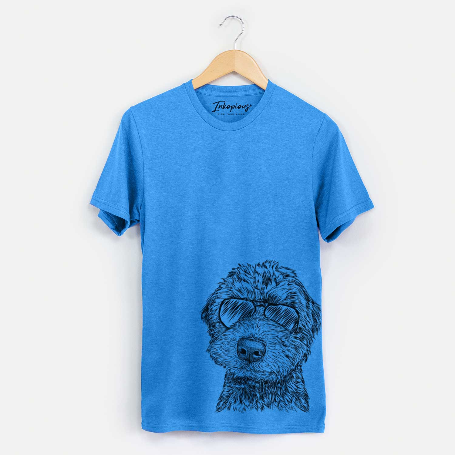 Hand-drawn sketch of Bowser the Whoodle wearing aviator sunglasses on a Blue Unisex crewneck